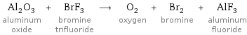 Al_2O_3 aluminum oxide + BrF_3 bromine trifluoride ⟶ O_2 oxygen + Br_2 bromine + AlF_3 aluminum fluoride