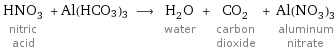 HNO_3 nitric acid + Al(HCO3)3 ⟶ H_2O water + CO_2 carbon dioxide + Al(NO_3)_3 aluminum nitrate