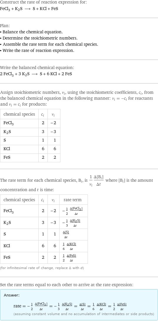 Construct the rate of reaction expression for: FeCl_3 + K2S ⟶ S + KCl + FeS Plan: • Balance the chemical equation. • Determine the stoichiometric numbers. • Assemble the rate term for each chemical species. • Write the rate of reaction expression. Write the balanced chemical equation: 2 FeCl_3 + 3 K2S ⟶ S + 6 KCl + 2 FeS Assign stoichiometric numbers, ν_i, using the stoichiometric coefficients, c_i, from the balanced chemical equation in the following manner: ν_i = -c_i for reactants and ν_i = c_i for products: chemical species | c_i | ν_i FeCl_3 | 2 | -2 K2S | 3 | -3 S | 1 | 1 KCl | 6 | 6 FeS | 2 | 2 The rate term for each chemical species, B_i, is 1/ν_i(Δ[B_i])/(Δt) where [B_i] is the amount concentration and t is time: chemical species | c_i | ν_i | rate term FeCl_3 | 2 | -2 | -1/2 (Δ[FeCl3])/(Δt) K2S | 3 | -3 | -1/3 (Δ[K2S])/(Δt) S | 1 | 1 | (Δ[S])/(Δt) KCl | 6 | 6 | 1/6 (Δ[KCl])/(Δt) FeS | 2 | 2 | 1/2 (Δ[FeS])/(Δt) (for infinitesimal rate of change, replace Δ with d) Set the rate terms equal to each other to arrive at the rate expression: Answer: |   | rate = -1/2 (Δ[FeCl3])/(Δt) = -1/3 (Δ[K2S])/(Δt) = (Δ[S])/(Δt) = 1/6 (Δ[KCl])/(Δt) = 1/2 (Δ[FeS])/(Δt) (assuming constant volume and no accumulation of intermediates or side products)