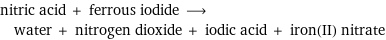 nitric acid + ferrous iodide ⟶ water + nitrogen dioxide + iodic acid + iron(II) nitrate