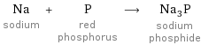 Na sodium + P red phosphorus ⟶ Na_3P sodium phosphide