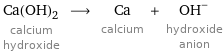 Ca(OH)_2 calcium hydroxide ⟶ Ca calcium + (OH)^- hydroxide anion