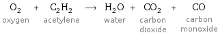 O_2 oxygen + C_2H_2 acetylene ⟶ H_2O water + CO_2 carbon dioxide + CO carbon monoxide