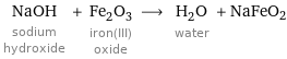 NaOH sodium hydroxide + Fe_2O_3 iron(III) oxide ⟶ H_2O water + NaFeO2