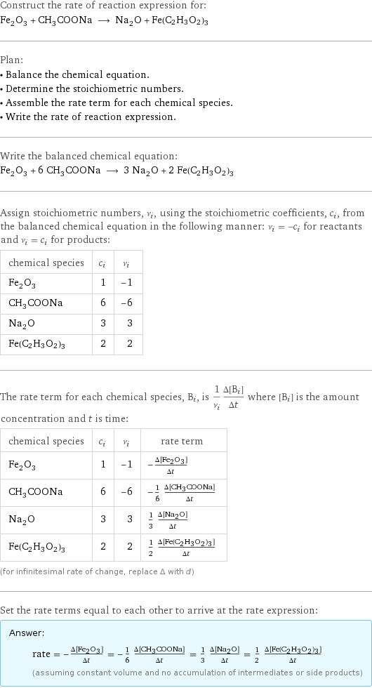 Construct the rate of reaction expression for: Fe_2O_3 + CH_3COONa ⟶ Na_2O + Fe(C2H3O2)3 Plan: • Balance the chemical equation. • Determine the stoichiometric numbers. • Assemble the rate term for each chemical species. • Write the rate of reaction expression. Write the balanced chemical equation: Fe_2O_3 + 6 CH_3COONa ⟶ 3 Na_2O + 2 Fe(C2H3O2)3 Assign stoichiometric numbers, ν_i, using the stoichiometric coefficients, c_i, from the balanced chemical equation in the following manner: ν_i = -c_i for reactants and ν_i = c_i for products: chemical species | c_i | ν_i Fe_2O_3 | 1 | -1 CH_3COONa | 6 | -6 Na_2O | 3 | 3 Fe(C2H3O2)3 | 2 | 2 The rate term for each chemical species, B_i, is 1/ν_i(Δ[B_i])/(Δt) where [B_i] is the amount concentration and t is time: chemical species | c_i | ν_i | rate term Fe_2O_3 | 1 | -1 | -(Δ[Fe2O3])/(Δt) CH_3COONa | 6 | -6 | -1/6 (Δ[CH3COONa])/(Δt) Na_2O | 3 | 3 | 1/3 (Δ[Na2O])/(Δt) Fe(C2H3O2)3 | 2 | 2 | 1/2 (Δ[Fe(C2H3O2)3])/(Δt) (for infinitesimal rate of change, replace Δ with d) Set the rate terms equal to each other to arrive at the rate expression: Answer: |   | rate = -(Δ[Fe2O3])/(Δt) = -1/6 (Δ[CH3COONa])/(Δt) = 1/3 (Δ[Na2O])/(Δt) = 1/2 (Δ[Fe(C2H3O2)3])/(Δt) (assuming constant volume and no accumulation of intermediates or side products)
