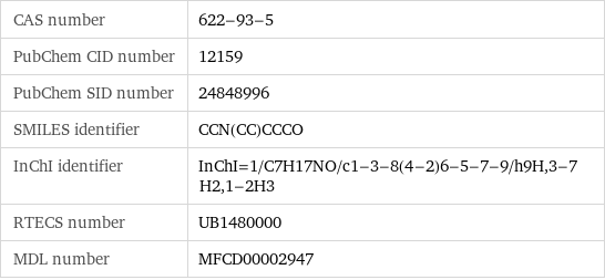 CAS number | 622-93-5 PubChem CID number | 12159 PubChem SID number | 24848996 SMILES identifier | CCN(CC)CCCO InChI identifier | InChI=1/C7H17NO/c1-3-8(4-2)6-5-7-9/h9H, 3-7H2, 1-2H3 RTECS number | UB1480000 MDL number | MFCD00002947