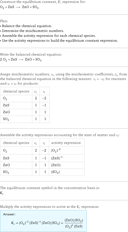 Construct the equilibrium constant, K, expression for: O_2 + ZnS ⟶ ZnO + SO_3 Plan: • Balance the chemical equation. • Determine the stoichiometric numbers. • Assemble the activity expression for each chemical species. • Use the activity expressions to build the equilibrium constant expression. Write the balanced chemical equation: 2 O_2 + ZnS ⟶ ZnO + SO_3 Assign stoichiometric numbers, ν_i, using the stoichiometric coefficients, c_i, from the balanced chemical equation in the following manner: ν_i = -c_i for reactants and ν_i = c_i for products: chemical species | c_i | ν_i O_2 | 2 | -2 ZnS | 1 | -1 ZnO | 1 | 1 SO_3 | 1 | 1 Assemble the activity expressions accounting for the state of matter and ν_i: chemical species | c_i | ν_i | activity expression O_2 | 2 | -2 | ([O2])^(-2) ZnS | 1 | -1 | ([ZnS])^(-1) ZnO | 1 | 1 | [ZnO] SO_3 | 1 | 1 | [SO3] The equilibrium constant symbol in the concentration basis is: K_c Mulitply the activity expressions to arrive at the K_c expression: Answer: |   | K_c = ([O2])^(-2) ([ZnS])^(-1) [ZnO] [SO3] = ([ZnO] [SO3])/(([O2])^2 [ZnS])