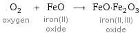 O_2 oxygen + FeO iron(II) oxide ⟶ FeO·Fe_2O_3 iron(II, III) oxide