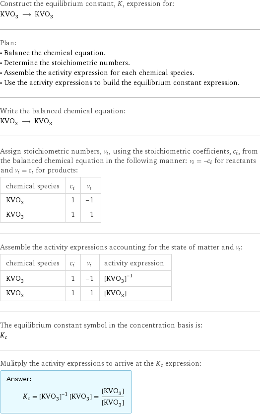 Construct the equilibrium constant, K, expression for: KVO_3 ⟶ KVO_3 Plan: • Balance the chemical equation. • Determine the stoichiometric numbers. • Assemble the activity expression for each chemical species. • Use the activity expressions to build the equilibrium constant expression. Write the balanced chemical equation: KVO_3 ⟶ KVO_3 Assign stoichiometric numbers, ν_i, using the stoichiometric coefficients, c_i, from the balanced chemical equation in the following manner: ν_i = -c_i for reactants and ν_i = c_i for products: chemical species | c_i | ν_i KVO_3 | 1 | -1 KVO_3 | 1 | 1 Assemble the activity expressions accounting for the state of matter and ν_i: chemical species | c_i | ν_i | activity expression KVO_3 | 1 | -1 | ([KVO3])^(-1) KVO_3 | 1 | 1 | [KVO3] The equilibrium constant symbol in the concentration basis is: K_c Mulitply the activity expressions to arrive at the K_c expression: Answer: |   | K_c = ([KVO3])^(-1) [KVO3] = ([KVO3])/([KVO3])