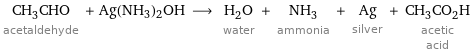 CH_3CHO acetaldehyde + Ag(NH3)2OH ⟶ H_2O water + NH_3 ammonia + Ag silver + CH_3CO_2H acetic acid