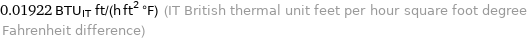 0.01922 BTU_IT ft/(h ft^2 °F) (IT British thermal unit feet per hour square foot degree Fahrenheit difference)