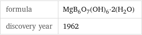formula | MgB_6O_7(OH)_6·2(H_2O) discovery year | 1962
