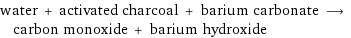 water + activated charcoal + barium carbonate ⟶ carbon monoxide + barium hydroxide