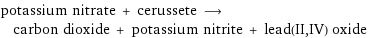 potassium nitrate + cerussete ⟶ carbon dioxide + potassium nitrite + lead(II, IV) oxide