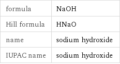 formula | NaOH Hill formula | HNaO name | sodium hydroxide IUPAC name | sodium hydroxide