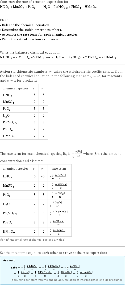 Construct the rate of reaction expression for: HNO_3 + MnSO_4 + PbO_2 ⟶ H_2O + Pb(NO_3)_2 + PbSO_4 + HMnO4 Plan: • Balance the chemical equation. • Determine the stoichiometric numbers. • Assemble the rate term for each chemical species. • Write the rate of reaction expression. Write the balanced chemical equation: 6 HNO_3 + 2 MnSO_4 + 5 PbO_2 ⟶ 2 H_2O + 3 Pb(NO_3)_2 + 2 PbSO_4 + 2 HMnO4 Assign stoichiometric numbers, ν_i, using the stoichiometric coefficients, c_i, from the balanced chemical equation in the following manner: ν_i = -c_i for reactants and ν_i = c_i for products: chemical species | c_i | ν_i HNO_3 | 6 | -6 MnSO_4 | 2 | -2 PbO_2 | 5 | -5 H_2O | 2 | 2 Pb(NO_3)_2 | 3 | 3 PbSO_4 | 2 | 2 HMnO4 | 2 | 2 The rate term for each chemical species, B_i, is 1/ν_i(Δ[B_i])/(Δt) where [B_i] is the amount concentration and t is time: chemical species | c_i | ν_i | rate term HNO_3 | 6 | -6 | -1/6 (Δ[HNO3])/(Δt) MnSO_4 | 2 | -2 | -1/2 (Δ[MnSO4])/(Δt) PbO_2 | 5 | -5 | -1/5 (Δ[PbO2])/(Δt) H_2O | 2 | 2 | 1/2 (Δ[H2O])/(Δt) Pb(NO_3)_2 | 3 | 3 | 1/3 (Δ[Pb(NO3)2])/(Δt) PbSO_4 | 2 | 2 | 1/2 (Δ[PbSO4])/(Δt) HMnO4 | 2 | 2 | 1/2 (Δ[HMnO4])/(Δt) (for infinitesimal rate of change, replace Δ with d) Set the rate terms equal to each other to arrive at the rate expression: Answer: |   | rate = -1/6 (Δ[HNO3])/(Δt) = -1/2 (Δ[MnSO4])/(Δt) = -1/5 (Δ[PbO2])/(Δt) = 1/2 (Δ[H2O])/(Δt) = 1/3 (Δ[Pb(NO3)2])/(Δt) = 1/2 (Δ[PbSO4])/(Δt) = 1/2 (Δ[HMnO4])/(Δt) (assuming constant volume and no accumulation of intermediates or side products)