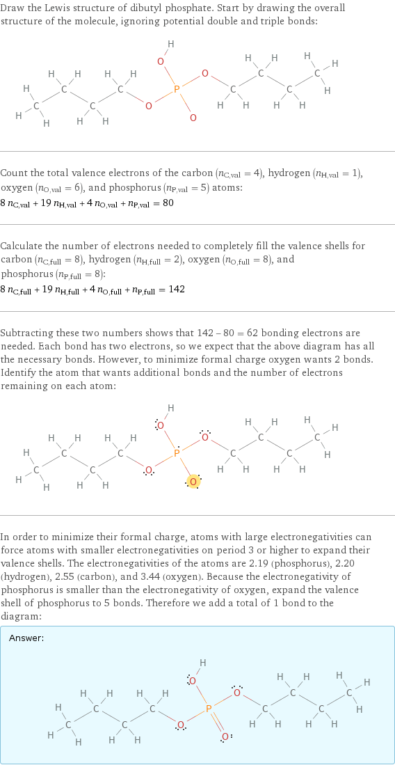 Draw the Lewis structure of dibutyl phosphate. Start by drawing the overall structure of the molecule, ignoring potential double and triple bonds:  Count the total valence electrons of the carbon (n_C, val = 4), hydrogen (n_H, val = 1), oxygen (n_O, val = 6), and phosphorus (n_P, val = 5) atoms: 8 n_C, val + 19 n_H, val + 4 n_O, val + n_P, val = 80 Calculate the number of electrons needed to completely fill the valence shells for carbon (n_C, full = 8), hydrogen (n_H, full = 2), oxygen (n_O, full = 8), and phosphorus (n_P, full = 8): 8 n_C, full + 19 n_H, full + 4 n_O, full + n_P, full = 142 Subtracting these two numbers shows that 142 - 80 = 62 bonding electrons are needed. Each bond has two electrons, so we expect that the above diagram has all the necessary bonds. However, to minimize formal charge oxygen wants 2 bonds. Identify the atom that wants additional bonds and the number of electrons remaining on each atom:  In order to minimize their formal charge, atoms with large electronegativities can force atoms with smaller electronegativities on period 3 or higher to expand their valence shells. The electronegativities of the atoms are 2.19 (phosphorus), 2.20 (hydrogen), 2.55 (carbon), and 3.44 (oxygen). Because the electronegativity of phosphorus is smaller than the electronegativity of oxygen, expand the valence shell of phosphorus to 5 bonds. Therefore we add a total of 1 bond to the diagram: Answer: |   | 