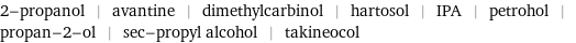 2-propanol | avantine | dimethylcarbinol | hartosol | IPA | petrohol | propan-2-ol | sec-propyl alcohol | takineocol