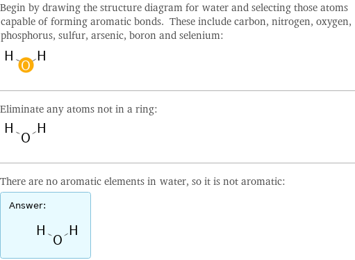 Begin by drawing the structure diagram for water and selecting those atoms capable of forming aromatic bonds. These include carbon, nitrogen, oxygen, phosphorus, sulfur, arsenic, boron and selenium:  Eliminate any atoms not in a ring:  There are no aromatic elements in water, so it is not aromatic: Answer: |   | 