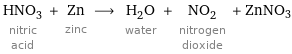 HNO_3 nitric acid + Zn zinc ⟶ H_2O water + NO_2 nitrogen dioxide + ZnNO3