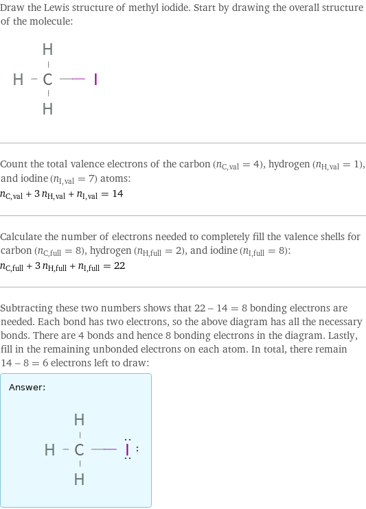 Draw the Lewis structure of methyl iodide. Start by drawing the overall structure of the molecule:  Count the total valence electrons of the carbon (n_C, val = 4), hydrogen (n_H, val = 1), and iodine (n_I, val = 7) atoms: n_C, val + 3 n_H, val + n_I, val = 14 Calculate the number of electrons needed to completely fill the valence shells for carbon (n_C, full = 8), hydrogen (n_H, full = 2), and iodine (n_I, full = 8): n_C, full + 3 n_H, full + n_I, full = 22 Subtracting these two numbers shows that 22 - 14 = 8 bonding electrons are needed. Each bond has two electrons, so the above diagram has all the necessary bonds. There are 4 bonds and hence 8 bonding electrons in the diagram. Lastly, fill in the remaining unbonded electrons on each atom. In total, there remain 14 - 8 = 6 electrons left to draw: Answer: |   | 