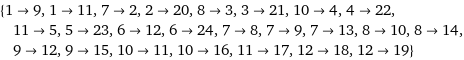 {1->9, 1->11, 7->2, 2->20, 8->3, 3->21, 10->4, 4->22, 11->5, 5->23, 6->12, 6->24, 7->8, 7->9, 7->13, 8->10, 8->14, 9->12, 9->15, 10->11, 10->16, 11->17, 12->18, 12->19}