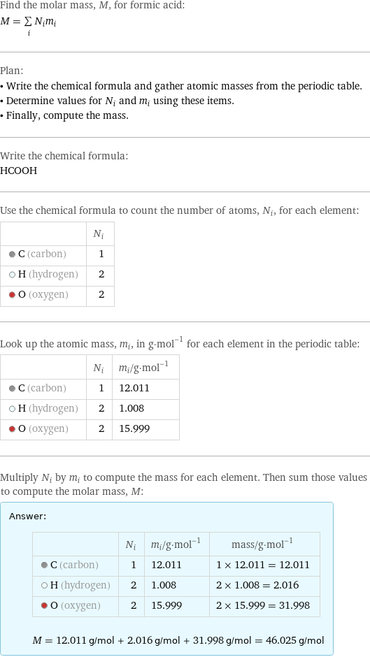 Find the molar mass, M, for formic acid: M = sum _iN_im_i Plan: • Write the chemical formula and gather atomic masses from the periodic table. • Determine values for N_i and m_i using these items. • Finally, compute the mass. Write the chemical formula: HCOOH Use the chemical formula to count the number of atoms, N_i, for each element:  | N_i  C (carbon) | 1  H (hydrogen) | 2  O (oxygen) | 2 Look up the atomic mass, m_i, in g·mol^(-1) for each element in the periodic table:  | N_i | m_i/g·mol^(-1)  C (carbon) | 1 | 12.011  H (hydrogen) | 2 | 1.008  O (oxygen) | 2 | 15.999 Multiply N_i by m_i to compute the mass for each element. Then sum those values to compute the molar mass, M: Answer: |   | | N_i | m_i/g·mol^(-1) | mass/g·mol^(-1)  C (carbon) | 1 | 12.011 | 1 × 12.011 = 12.011  H (hydrogen) | 2 | 1.008 | 2 × 1.008 = 2.016  O (oxygen) | 2 | 15.999 | 2 × 15.999 = 31.998  M = 12.011 g/mol + 2.016 g/mol + 31.998 g/mol = 46.025 g/mol