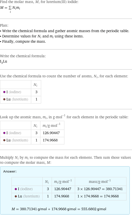 Find the molar mass, M, for lutetium(III) iodide: M = sum _iN_im_i Plan: • Write the chemical formula and gather atomic masses from the periodic table. • Determine values for N_i and m_i using these items. • Finally, compute the mass. Write the chemical formula: I_3Lu Use the chemical formula to count the number of atoms, N_i, for each element:  | N_i  I (iodine) | 3  Lu (lutetium) | 1 Look up the atomic mass, m_i, in g·mol^(-1) for each element in the periodic table:  | N_i | m_i/g·mol^(-1)  I (iodine) | 3 | 126.90447  Lu (lutetium) | 1 | 174.9668 Multiply N_i by m_i to compute the mass for each element. Then sum those values to compute the molar mass, M: Answer: |   | | N_i | m_i/g·mol^(-1) | mass/g·mol^(-1)  I (iodine) | 3 | 126.90447 | 3 × 126.90447 = 380.71341  Lu (lutetium) | 1 | 174.9668 | 1 × 174.9668 = 174.9668  M = 380.71341 g/mol + 174.9668 g/mol = 555.6802 g/mol