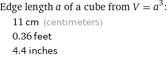 Edge length a of a cube from V = a^3:  | 11 cm (centimeters)  | 0.36 feet  | 4.4 inches