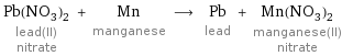 Pb(NO_3)_2 lead(II) nitrate + Mn manganese ⟶ Pb lead + Mn(NO_3)_2 manganese(II) nitrate