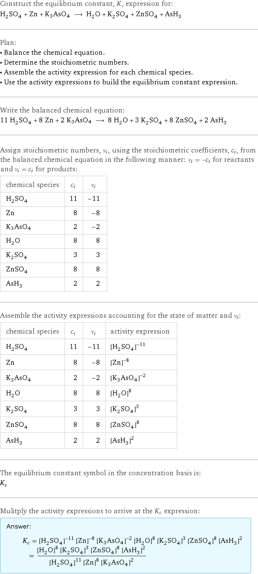 Construct the equilibrium constant, K, expression for: H_2SO_4 + Zn + K3AsO4 ⟶ H_2O + K_2SO_4 + ZnSO_4 + AsH_3 Plan: • Balance the chemical equation. • Determine the stoichiometric numbers. • Assemble the activity expression for each chemical species. • Use the activity expressions to build the equilibrium constant expression. Write the balanced chemical equation: 11 H_2SO_4 + 8 Zn + 2 K3AsO4 ⟶ 8 H_2O + 3 K_2SO_4 + 8 ZnSO_4 + 2 AsH_3 Assign stoichiometric numbers, ν_i, using the stoichiometric coefficients, c_i, from the balanced chemical equation in the following manner: ν_i = -c_i for reactants and ν_i = c_i for products: chemical species | c_i | ν_i H_2SO_4 | 11 | -11 Zn | 8 | -8 K3AsO4 | 2 | -2 H_2O | 8 | 8 K_2SO_4 | 3 | 3 ZnSO_4 | 8 | 8 AsH_3 | 2 | 2 Assemble the activity expressions accounting for the state of matter and ν_i: chemical species | c_i | ν_i | activity expression H_2SO_4 | 11 | -11 | ([H2SO4])^(-11) Zn | 8 | -8 | ([Zn])^(-8) K3AsO4 | 2 | -2 | ([K3AsO4])^(-2) H_2O | 8 | 8 | ([H2O])^8 K_2SO_4 | 3 | 3 | ([K2SO4])^3 ZnSO_4 | 8 | 8 | ([ZnSO4])^8 AsH_3 | 2 | 2 | ([AsH3])^2 The equilibrium constant symbol in the concentration basis is: K_c Mulitply the activity expressions to arrive at the K_c expression: Answer: |   | K_c = ([H2SO4])^(-11) ([Zn])^(-8) ([K3AsO4])^(-2) ([H2O])^8 ([K2SO4])^3 ([ZnSO4])^8 ([AsH3])^2 = (([H2O])^8 ([K2SO4])^3 ([ZnSO4])^8 ([AsH3])^2)/(([H2SO4])^11 ([Zn])^8 ([K3AsO4])^2)