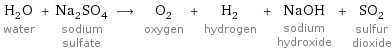 H_2O water + Na_2SO_4 sodium sulfate ⟶ O_2 oxygen + H_2 hydrogen + NaOH sodium hydroxide + SO_2 sulfur dioxide