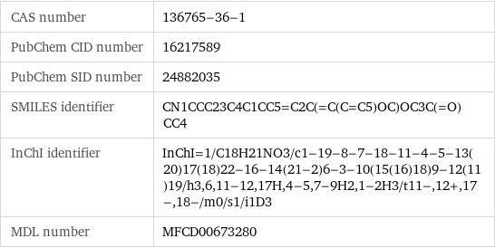 CAS number | 136765-36-1 PubChem CID number | 16217589 PubChem SID number | 24882035 SMILES identifier | CN1CCC23C4C1CC5=C2C(=C(C=C5)OC)OC3C(=O)CC4 InChI identifier | InChI=1/C18H21NO3/c1-19-8-7-18-11-4-5-13(20)17(18)22-16-14(21-2)6-3-10(15(16)18)9-12(11)19/h3, 6, 11-12, 17H, 4-5, 7-9H2, 1-2H3/t11-, 12+, 17-, 18-/m0/s1/i1D3 MDL number | MFCD00673280