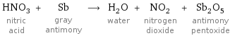 HNO_3 nitric acid + Sb gray antimony ⟶ H_2O water + NO_2 nitrogen dioxide + Sb_2O_5 antimony pentoxide