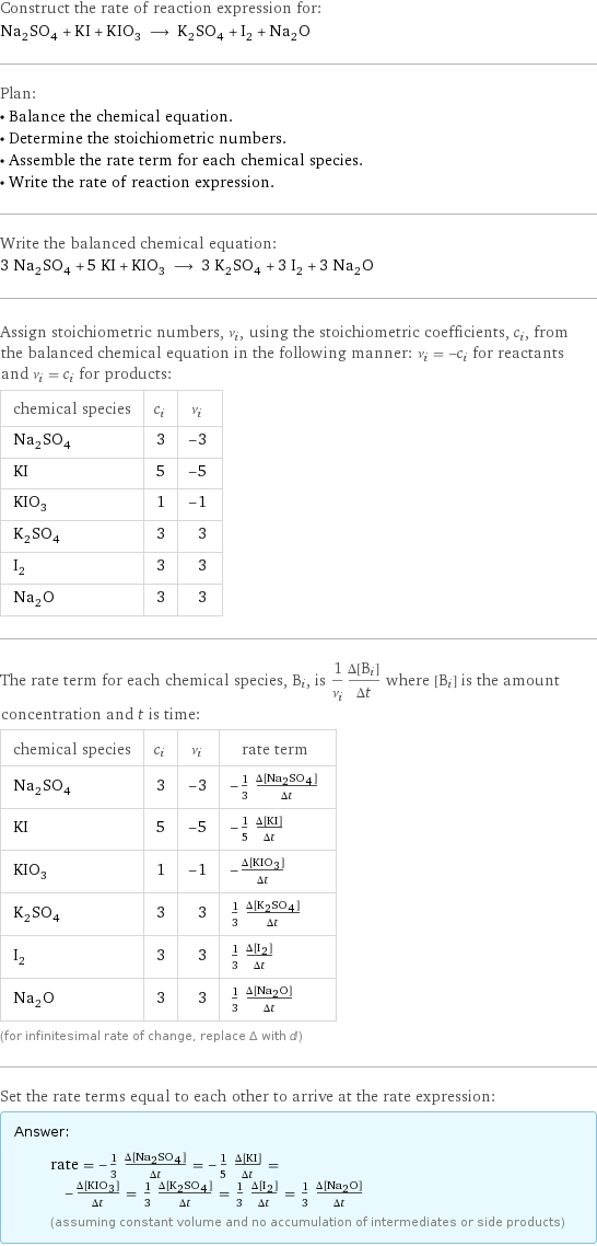 Construct the rate of reaction expression for: Na_2SO_4 + KI + KIO_3 ⟶ K_2SO_4 + I_2 + Na_2O Plan: • Balance the chemical equation. • Determine the stoichiometric numbers. • Assemble the rate term for each chemical species. • Write the rate of reaction expression. Write the balanced chemical equation: 3 Na_2SO_4 + 5 KI + KIO_3 ⟶ 3 K_2SO_4 + 3 I_2 + 3 Na_2O Assign stoichiometric numbers, ν_i, using the stoichiometric coefficients, c_i, from the balanced chemical equation in the following manner: ν_i = -c_i for reactants and ν_i = c_i for products: chemical species | c_i | ν_i Na_2SO_4 | 3 | -3 KI | 5 | -5 KIO_3 | 1 | -1 K_2SO_4 | 3 | 3 I_2 | 3 | 3 Na_2O | 3 | 3 The rate term for each chemical species, B_i, is 1/ν_i(Δ[B_i])/(Δt) where [B_i] is the amount concentration and t is time: chemical species | c_i | ν_i | rate term Na_2SO_4 | 3 | -3 | -1/3 (Δ[Na2SO4])/(Δt) KI | 5 | -5 | -1/5 (Δ[KI])/(Δt) KIO_3 | 1 | -1 | -(Δ[KIO3])/(Δt) K_2SO_4 | 3 | 3 | 1/3 (Δ[K2SO4])/(Δt) I_2 | 3 | 3 | 1/3 (Δ[I2])/(Δt) Na_2O | 3 | 3 | 1/3 (Δ[Na2O])/(Δt) (for infinitesimal rate of change, replace Δ with d) Set the rate terms equal to each other to arrive at the rate expression: Answer: |   | rate = -1/3 (Δ[Na2SO4])/(Δt) = -1/5 (Δ[KI])/(Δt) = -(Δ[KIO3])/(Δt) = 1/3 (Δ[K2SO4])/(Δt) = 1/3 (Δ[I2])/(Δt) = 1/3 (Δ[Na2O])/(Δt) (assuming constant volume and no accumulation of intermediates or side products)