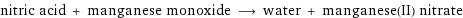 nitric acid + manganese monoxide ⟶ water + manganese(II) nitrate