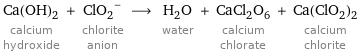 Ca(OH)_2 calcium hydroxide + (ClO_2)^- chlorite anion ⟶ H_2O water + CaCl_2O_6 calcium chlorate + Ca(ClO_2)_2 calcium chlorite