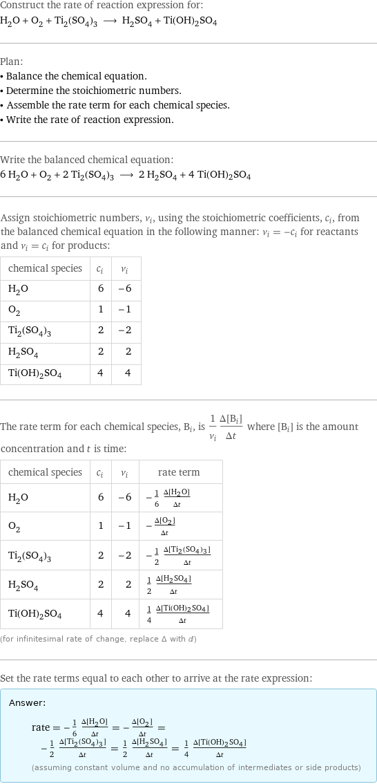 Construct the rate of reaction expression for: H_2O + O_2 + Ti_2(SO_4)_3 ⟶ H_2SO_4 + Ti(OH)2SO4 Plan: • Balance the chemical equation. • Determine the stoichiometric numbers. • Assemble the rate term for each chemical species. • Write the rate of reaction expression. Write the balanced chemical equation: 6 H_2O + O_2 + 2 Ti_2(SO_4)_3 ⟶ 2 H_2SO_4 + 4 Ti(OH)2SO4 Assign stoichiometric numbers, ν_i, using the stoichiometric coefficients, c_i, from the balanced chemical equation in the following manner: ν_i = -c_i for reactants and ν_i = c_i for products: chemical species | c_i | ν_i H_2O | 6 | -6 O_2 | 1 | -1 Ti_2(SO_4)_3 | 2 | -2 H_2SO_4 | 2 | 2 Ti(OH)2SO4 | 4 | 4 The rate term for each chemical species, B_i, is 1/ν_i(Δ[B_i])/(Δt) where [B_i] is the amount concentration and t is time: chemical species | c_i | ν_i | rate term H_2O | 6 | -6 | -1/6 (Δ[H2O])/(Δt) O_2 | 1 | -1 | -(Δ[O2])/(Δt) Ti_2(SO_4)_3 | 2 | -2 | -1/2 (Δ[Ti2(SO4)3])/(Δt) H_2SO_4 | 2 | 2 | 1/2 (Δ[H2SO4])/(Δt) Ti(OH)2SO4 | 4 | 4 | 1/4 (Δ[Ti(OH)2SO4])/(Δt) (for infinitesimal rate of change, replace Δ with d) Set the rate terms equal to each other to arrive at the rate expression: Answer: |   | rate = -1/6 (Δ[H2O])/(Δt) = -(Δ[O2])/(Δt) = -1/2 (Δ[Ti2(SO4)3])/(Δt) = 1/2 (Δ[H2SO4])/(Δt) = 1/4 (Δ[Ti(OH)2SO4])/(Δt) (assuming constant volume and no accumulation of intermediates or side products)