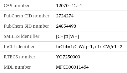 CAS number | 12070-12-1 PubChem CID number | 2724274 PubChem SID number | 24854498 SMILES identifier | [C-]#[W+] InChI identifier | InChI=1/C.W/q-1;+1/rCW/c1-2 RTECS number | YO7250000 MDL number | MFCD00011464