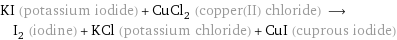 KI (potassium iodide) + CuCl_2 (copper(II) chloride) ⟶ I_2 (iodine) + KCl (potassium chloride) + CuI (cuprous iodide)