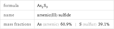 formula | As_2S_3 name | arsenic(III) sulfide mass fractions | As (arsenic) 60.9% | S (sulfur) 39.1%