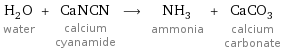 H_2O water + CaNCN calcium cyanamide ⟶ NH_3 ammonia + CaCO_3 calcium carbonate