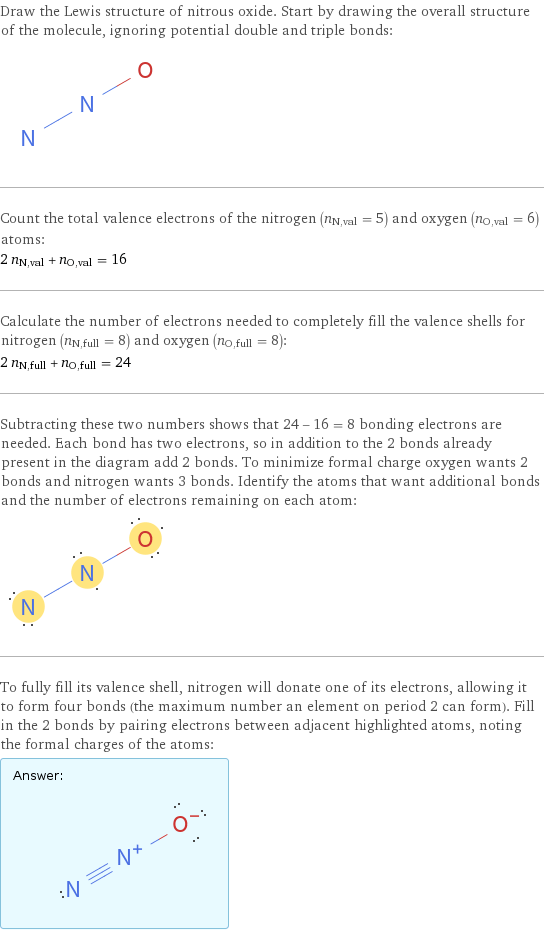 Draw the Lewis structure of nitrous oxide. Start by drawing the overall structure of the molecule, ignoring potential double and triple bonds:  Count the total valence electrons of the nitrogen (n_N, val = 5) and oxygen (n_O, val = 6) atoms: 2 n_N, val + n_O, val = 16 Calculate the number of electrons needed to completely fill the valence shells for nitrogen (n_N, full = 8) and oxygen (n_O, full = 8): 2 n_N, full + n_O, full = 24 Subtracting these two numbers shows that 24 - 16 = 8 bonding electrons are needed. Each bond has two electrons, so in addition to the 2 bonds already present in the diagram add 2 bonds. To minimize formal charge oxygen wants 2 bonds and nitrogen wants 3 bonds. Identify the atoms that want additional bonds and the number of electrons remaining on each atom:  To fully fill its valence shell, nitrogen will donate one of its electrons, allowing it to form four bonds (the maximum number an element on period 2 can form). Fill in the 2 bonds by pairing electrons between adjacent highlighted atoms, noting the formal charges of the atoms: Answer: |   | 