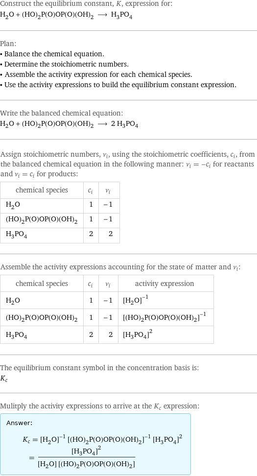 Construct the equilibrium constant, K, expression for: H_2O + (HO)_2P(O)OP(O)(OH)_2 ⟶ H_3PO_4 Plan: • Balance the chemical equation. • Determine the stoichiometric numbers. • Assemble the activity expression for each chemical species. • Use the activity expressions to build the equilibrium constant expression. Write the balanced chemical equation: H_2O + (HO)_2P(O)OP(O)(OH)_2 ⟶ 2 H_3PO_4 Assign stoichiometric numbers, ν_i, using the stoichiometric coefficients, c_i, from the balanced chemical equation in the following manner: ν_i = -c_i for reactants and ν_i = c_i for products: chemical species | c_i | ν_i H_2O | 1 | -1 (HO)_2P(O)OP(O)(OH)_2 | 1 | -1 H_3PO_4 | 2 | 2 Assemble the activity expressions accounting for the state of matter and ν_i: chemical species | c_i | ν_i | activity expression H_2O | 1 | -1 | ([H2O])^(-1) (HO)_2P(O)OP(O)(OH)_2 | 1 | -1 | ([(HO)2P(O)OP(O)(OH)2])^(-1) H_3PO_4 | 2 | 2 | ([H3PO4])^2 The equilibrium constant symbol in the concentration basis is: K_c Mulitply the activity expressions to arrive at the K_c expression: Answer: |   | K_c = ([H2O])^(-1) ([(HO)2P(O)OP(O)(OH)2])^(-1) ([H3PO4])^2 = ([H3PO4])^2/([H2O] [(HO)2P(O)OP(O)(OH)2])