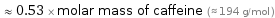  ≈ 0.53 × molar mass of caffeine (≈ 194 g/mol )