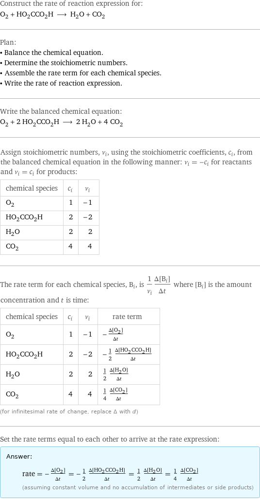 Construct the rate of reaction expression for: O_2 + HO_2CCO_2H ⟶ H_2O + CO_2 Plan: • Balance the chemical equation. • Determine the stoichiometric numbers. • Assemble the rate term for each chemical species. • Write the rate of reaction expression. Write the balanced chemical equation: O_2 + 2 HO_2CCO_2H ⟶ 2 H_2O + 4 CO_2 Assign stoichiometric numbers, ν_i, using the stoichiometric coefficients, c_i, from the balanced chemical equation in the following manner: ν_i = -c_i for reactants and ν_i = c_i for products: chemical species | c_i | ν_i O_2 | 1 | -1 HO_2CCO_2H | 2 | -2 H_2O | 2 | 2 CO_2 | 4 | 4 The rate term for each chemical species, B_i, is 1/ν_i(Δ[B_i])/(Δt) where [B_i] is the amount concentration and t is time: chemical species | c_i | ν_i | rate term O_2 | 1 | -1 | -(Δ[O2])/(Δt) HO_2CCO_2H | 2 | -2 | -1/2 (Δ[HO2CCO2H])/(Δt) H_2O | 2 | 2 | 1/2 (Δ[H2O])/(Δt) CO_2 | 4 | 4 | 1/4 (Δ[CO2])/(Δt) (for infinitesimal rate of change, replace Δ with d) Set the rate terms equal to each other to arrive at the rate expression: Answer: |   | rate = -(Δ[O2])/(Δt) = -1/2 (Δ[HO2CCO2H])/(Δt) = 1/2 (Δ[H2O])/(Δt) = 1/4 (Δ[CO2])/(Δt) (assuming constant volume and no accumulation of intermediates or side products)