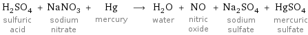 H_2SO_4 sulfuric acid + NaNO_3 sodium nitrate + Hg mercury ⟶ H_2O water + NO nitric oxide + Na_2SO_4 sodium sulfate + HgSO_4 mercuric sulfate