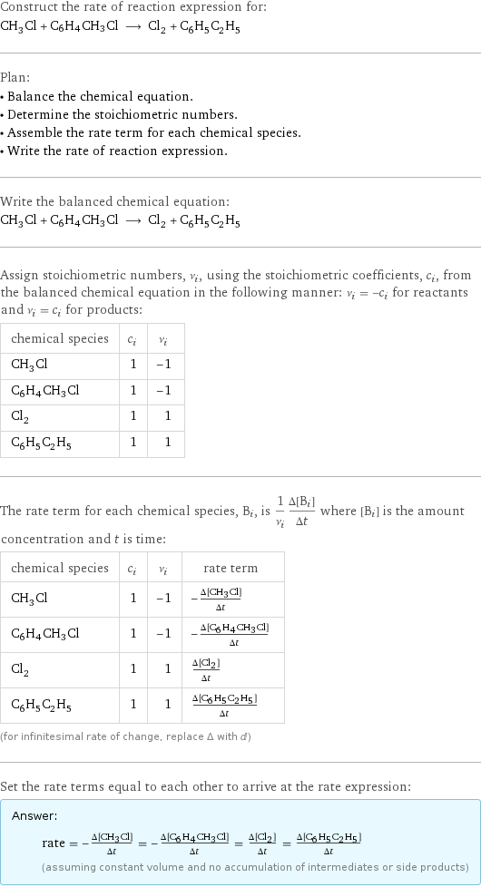 Construct the rate of reaction expression for: CH_3Cl + C6H4CH3Cl ⟶ Cl_2 + C_6H_5C_2H_5 Plan: • Balance the chemical equation. • Determine the stoichiometric numbers. • Assemble the rate term for each chemical species. • Write the rate of reaction expression. Write the balanced chemical equation: CH_3Cl + C6H4CH3Cl ⟶ Cl_2 + C_6H_5C_2H_5 Assign stoichiometric numbers, ν_i, using the stoichiometric coefficients, c_i, from the balanced chemical equation in the following manner: ν_i = -c_i for reactants and ν_i = c_i for products: chemical species | c_i | ν_i CH_3Cl | 1 | -1 C6H4CH3Cl | 1 | -1 Cl_2 | 1 | 1 C_6H_5C_2H_5 | 1 | 1 The rate term for each chemical species, B_i, is 1/ν_i(Δ[B_i])/(Δt) where [B_i] is the amount concentration and t is time: chemical species | c_i | ν_i | rate term CH_3Cl | 1 | -1 | -(Δ[CH3Cl])/(Δt) C6H4CH3Cl | 1 | -1 | -(Δ[C6H4CH3Cl])/(Δt) Cl_2 | 1 | 1 | (Δ[Cl2])/(Δt) C_6H_5C_2H_5 | 1 | 1 | (Δ[C6H5C2H5])/(Δt) (for infinitesimal rate of change, replace Δ with d) Set the rate terms equal to each other to arrive at the rate expression: Answer: |   | rate = -(Δ[CH3Cl])/(Δt) = -(Δ[C6H4CH3Cl])/(Δt) = (Δ[Cl2])/(Δt) = (Δ[C6H5C2H5])/(Δt) (assuming constant volume and no accumulation of intermediates or side products)