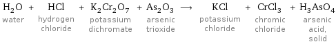 H_2O water + HCl hydrogen chloride + K_2Cr_2O_7 potassium dichromate + As_2O_3 arsenic trioxide ⟶ KCl potassium chloride + CrCl_3 chromic chloride + H_3AsO_4 arsenic acid, solid