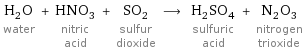 H_2O water + HNO_3 nitric acid + SO_2 sulfur dioxide ⟶ H_2SO_4 sulfuric acid + N_2O_3 nitrogen trioxide